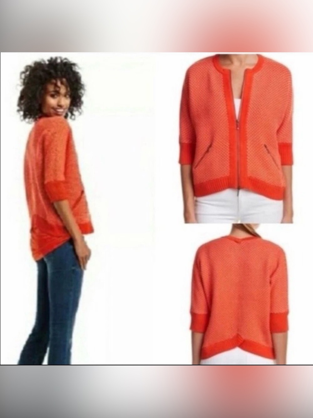 CAbi #195 Red/Orange Textured Zip-Front Short-Sleeve Cardigan - Picture 2 of 7